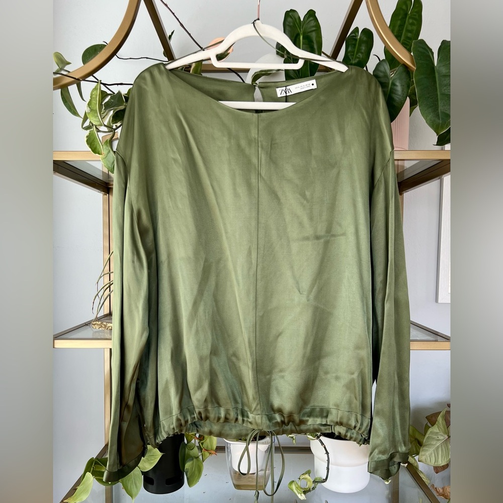 Zara Olive Green Satin Effect Blouse with Drawstring Hem in XL